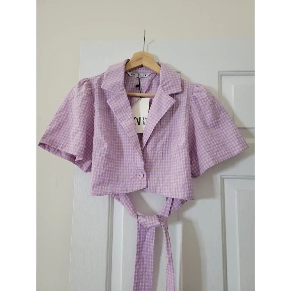Zara Women’s Gingham Crop Top Sz M Front Tie Waist Lavender Cottagecore NWT